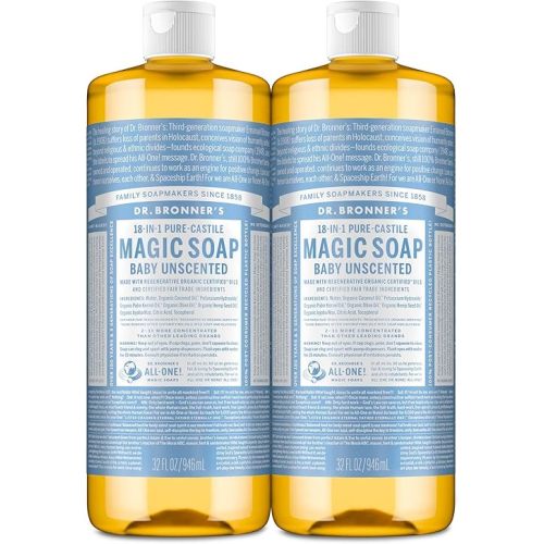 Dr. Bronner's Magic Soap-Pure-Castile Liquid Soap (Baby Unscented, 32 ounce, 2-Pack)-Regenerative Organic Certified Oils, 18-in-1 Uses: Body, Laundry & Dishes, For Sensitive Skin, No Fragrance