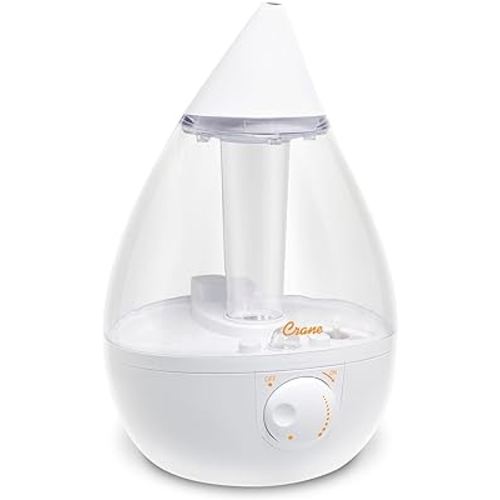 Crane Ultrasonic Cool Mist Humidifier for Bedroom, Baby Nursery, Kids Room, Plants, or Office, Large 1 Gallon Tank, Filter Optional, Clear and White