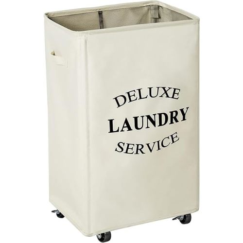 WOWLIVE Large Rolling Laundry Basket Wheels 90L Collapsible Tall Laundry Hamper Handle Foldable Dirty Clothing Basket Fold up Rectangular Hampers for Laundry Dorm Room (Beige)
