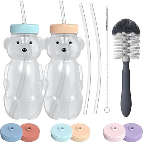 Honey Bear Straw Cup for Babies, 8oz Honey Bear Cup with Bottle Brush, 2-Pack Improved Lid Therapy Learning Honeybear Straw Cup for Baby, Blizzard & Creamsicle