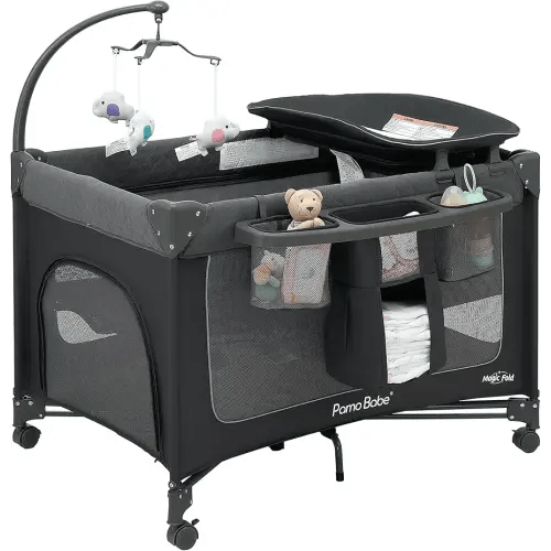 Pamo Babe 1-Second Setup 3-in-1 Playard for Babies - Heavy-Duty Steel Frame for Safe Sleep Space, Portable Crib with Zip Door & Changing Table, Locking Wheels, Breathable Mesh