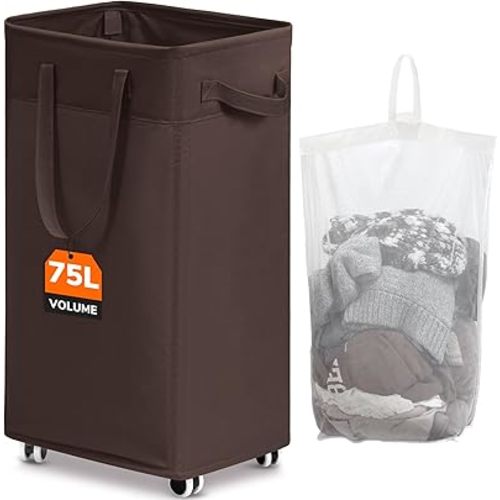 CHICVITA Rolling Laundry Hamper with Wheels, 75L Clothes Hampers for Laundry and Removable Wash Bag, Large Laundry Basket for Living Room, Coffee
