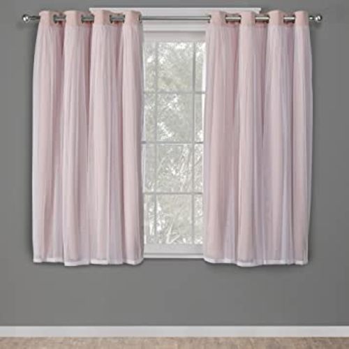 Exclusive Home Catarina Layered Solid Room Darkening Blackout and Sheer Grommet Top Curtain Panel Pair, 52"x63", Rose Blush