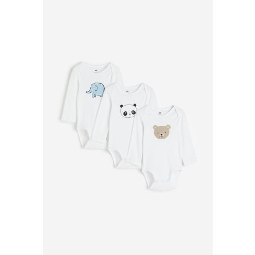 3-pack Long-sleeved Bodysuits, Envelope Neck, Long sleeve, White/animals