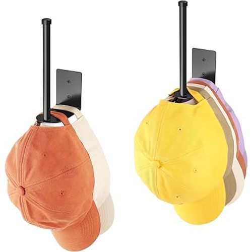 2 Pack Hat Racks for Baseball Caps, Stainless Steel Hat Organizer for Baseball Cap, Hat Holder Storage Organizer, Hat Hanger Strong Adhesive/Wall Drilled for Door, Bedroom, Closet(Black 6 in)