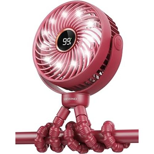 SHEWIND Stroller Fan, LED Display Portable Fan, Battery Operated Small Clip on Fan, 4 Speed Rechargeable Mini Personal Fan Cooling Travel Fan For Car Seat Crib Treadmill (Rosy)
