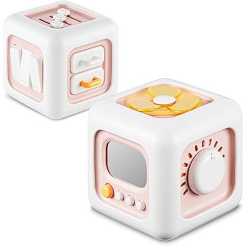 Montessori Toys for 1 Year Old, Baby Busy Board for Toddler 1-3, Activity Cube Travel Airplane Toys for Babies 6-12 Months, Birthday Gift for 1 Year Old Boys Girls, Pink