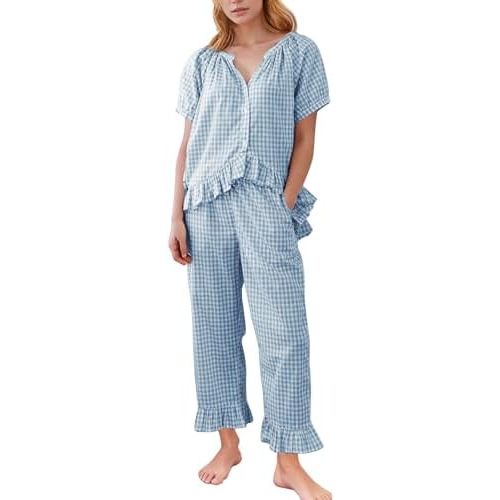 Flygo Womens Plaid 2 Piece Pajamas Sets Gingham Button Down Puff Sleeve Babydoll Shirt Ruffle Pants Y2K Pjs Lounge Set