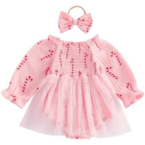 Baby Girl Christmas Romper Dress Puff Sleeve Christmas Tulle Dresses Newborn Infant Fall Winter Clothes Outfits