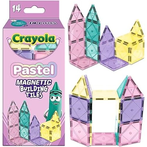 CreateOn Crayola Magnetic Tiles, Building Set for Kids, Magnetic Building Toys for Kids, STEM Travel, Easter Gift for Boys and Girls Ages 3+, 14-Piece Set (Pastel)