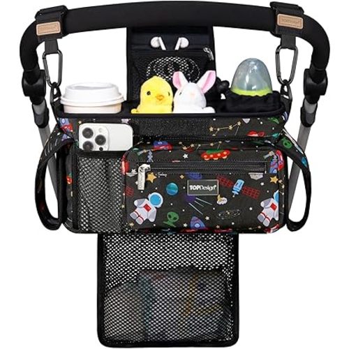 TOPDesign Universal Baby Stroller Organizer, Stroller Caddy with Detachable Mesh Bag & Heightened Insulated Cup Holders & Non-Slip Secure Hooks Accessories, Fits Most Strollers (Space Exploration)