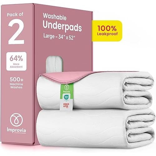 IMPROVIA® Washable Underpads, Heavy Absorbency Reusable Incontinence Pads for Kids, Adults, Elderly, and Pets - Waterproof Protection Floor White & Pink (2 Pack - 34x52)
