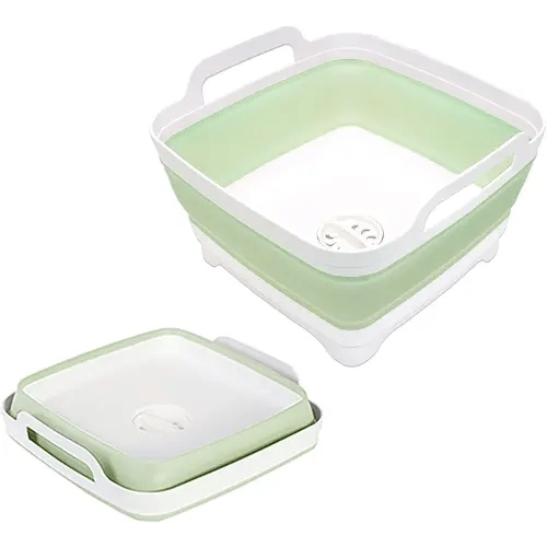 Goderewild 2.4 Gal(9L) Collapsible Dish Basin with Drain Plug, Space Saving Outdoor Multiuse Foldable Sink Tub, Dishpan, Kitchen Storage Tray for Camping, Vegetable Washing, RV (Mint Green-Drain Plug)