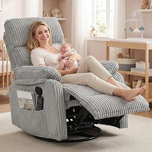 Manual Small Recliner Rocking Chair for Nursery/Relaxation, Corduroy Swivel Glider Recliner for Living Room Bedroom, Grey Rocking Chair Nursery Recliners for Small Spaces, Side Pockets (Grey)
