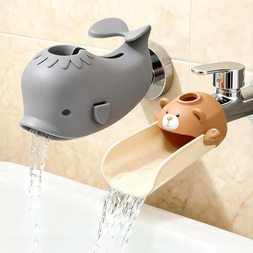 Skyroku Toddler Faucet Extender & Blue Bathtub Spout Cover, Sink Extender with Temperature Sensor for Bathroom Sinks, Kitchen, Bathtubs, Bundle and Save! (BrownGrey)