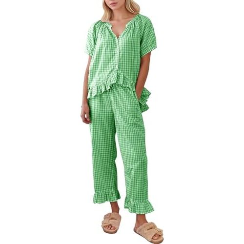 COZYPOIN Womens Gingham Pajama Set 2 Piece Plaid Cotton Pjs Cute Ruffle Sleepwear Maternity Bridesmaid Pajamas Loungewear