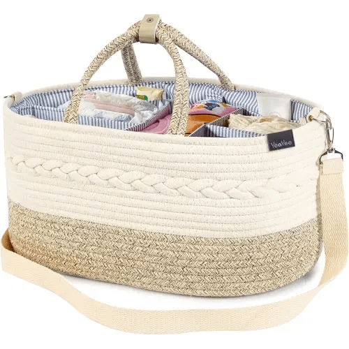 Baby Diaper Caddy Organizer, X-Large, 5 Grids, 8 Pockets, Shoulder Strap Portable Nursery Storage Basket with 2 Changeable Compartments, 100% Cotton Woven Rope Bins, Newborn Gift