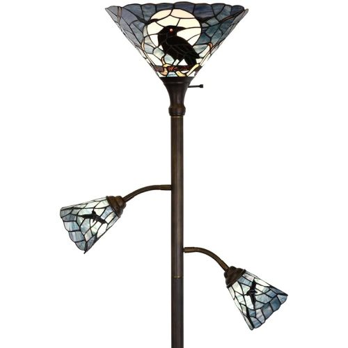 Bieye L10957 Raven Sitting on Bare Tree Branch Again Full Moon Tiffany Style Stained Glass Torchiere Floor Lamp with Sidelights for Reading Home Decor, 70-inches Tall (Dark Blue)