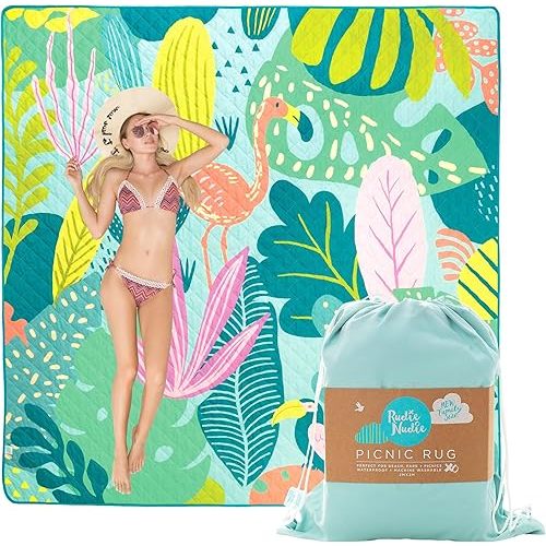 Jumbo Picnic Rug- 2 x 2m- 'Flamingo-A-Go-Go'. Waterproof, Sandproof Picnic Blanket for Beach,Camping & Outdoors. Machine Washable,Lightweight, Foldable, Portable Picnic Blankets/Picnic Mat
