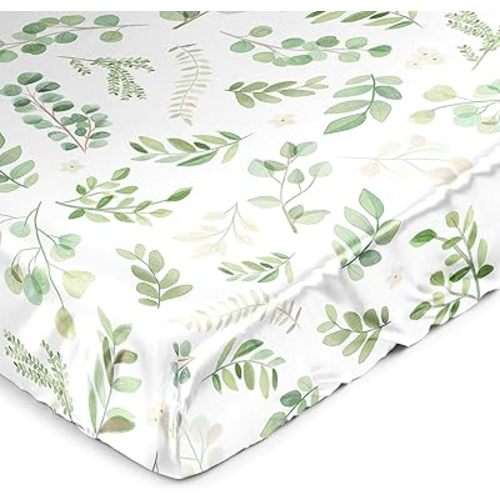 Sweet Jojo Designs Green Boho Floral Leaf Boy Girl Gender Neutral Unisex Baby Satin Fitted Crib Sheet Infant Newborn Nursery Toddler Bed Room Standard Mattress Sage White Bohemian Watercolor Botanical