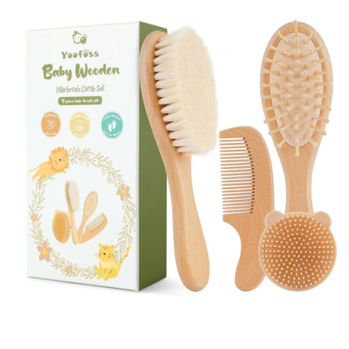 Yoofoss 4 Piece Baby Brush and Comb Set, Wooden Baby Brush with Natural Ultra Soft Goat Hair, Baby Hair Brush for Newborn, Baby Brush Set for Boy Girl