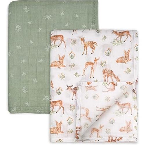 GLLQUEN BABY Muslin Swaddle Blankets Breathable Receiving Blankets (35" x 40") 2-Pack Soft Baby Blankets for Girls and Boys Newborn Essentials Muslin Burp Cloths Swaddle Wrap Baby Gift(Deerling)