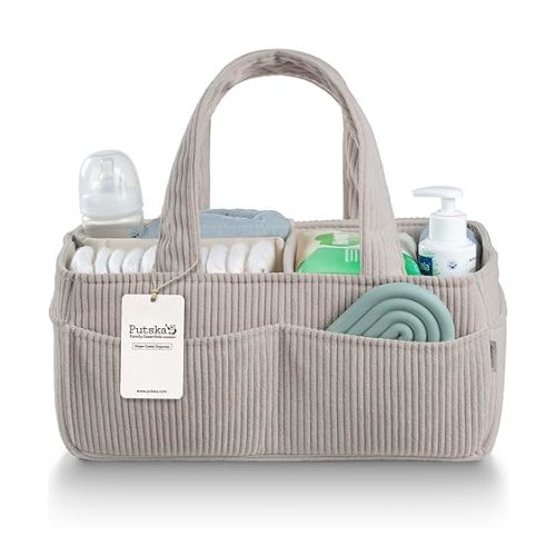 PUTSKA Baby Diaper Caddy Organizer for Changing Table – Stylish Nursery Storage Basket, Newborn Essentials, Baby Shower Gifts and Registry Must-Haves for Boy or Girl, Car Diaper Caddy, Corduroy Cream