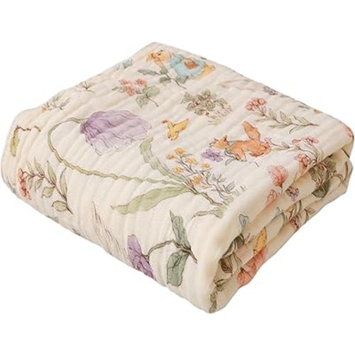 HardNok 6-Layer Muslin Baby Blanket Made with Organic Cotton - Enchanting Woodland Garden,Swaddle & Crib Quilt, 43" x 43",Garden(Gender Neutral)