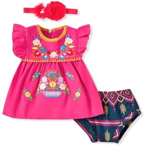 HINTINA Newborn Baby Girl Embroidery Mexican Dress and Shorts Set Ethnic Wear