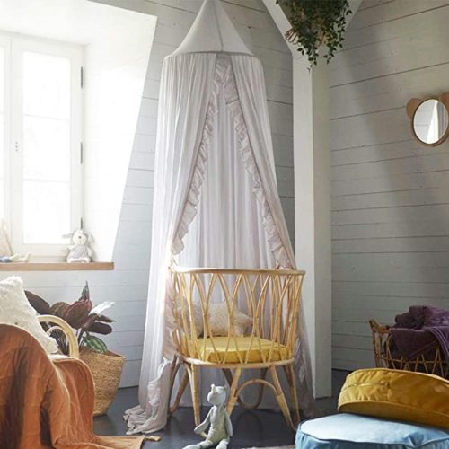 Bed Canopy with Frills Reading Nook Game Tent for Kids Boho Hanging Net Play Room Decor(Dusty Rose)