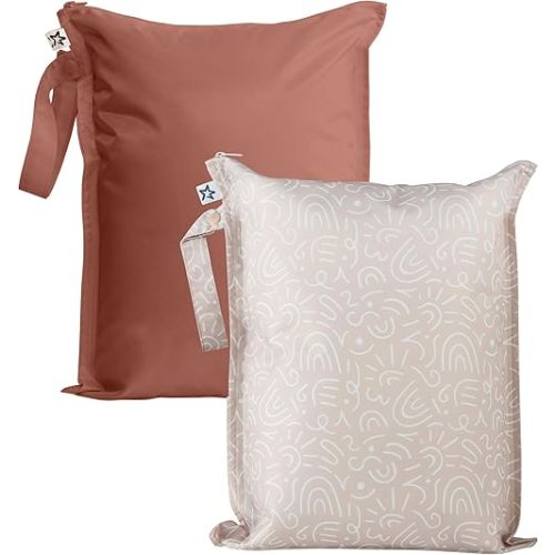 Tiny Twinkle Mess-proof Waterproof Wet Dry Bag | 2 Pack Reusable for Swimsuits, Gym & Baby Clothes | Leakproof Wet Clothes Bag, Beach Travel Essentials (Zen Garden,Taupe)