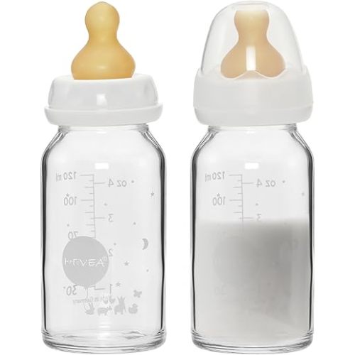 HEVEA Standard Neck Glass Baby Bottles - Natural Rubber Slow Flow Nipples - Anti Colic Baby Bottles for Breastfeeding Babies - Newborn 0+ Months - BPA-Free, Two-Pack (4 Oz)
