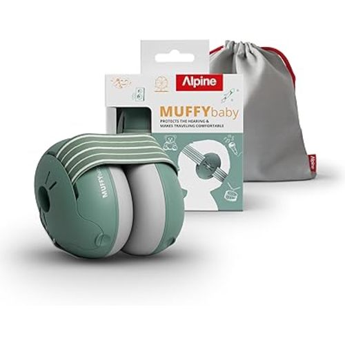 Alpine Muffy Baby Ear Protection for Babies and Toddlers up to 48 Months - CE & ANSI Certified - Noise Reduction Earmuffs - Comfortable Baby Headphones Against Hearing Damage & Improves Sleep - Sage