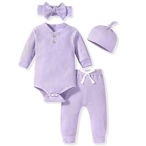 Aalizzwell Gender Neutral Long Sleeve Baby Ribbed Outfit with Hat & Headband