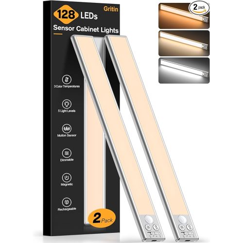 Gritin 14.7inch Under Cabinet Lighting Rechargeable - 128 LED Super Bright, 3-Color&5 Level Brightness, 4 Modes, Motion Sensor, Long Lasting-Easy Installation Magnetic Closet Lights - 2 Pack-Silver