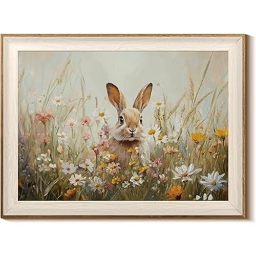 Vintage Baby Bunny in Flowers 12x16 Framed Canvas Wall Art, Cute Rabbit Wildflower Meadow Print, Rustic Neutral Nature Oil Painting, Nursery Kids Room Cottagecore Farmhouse Animal Wall Décor