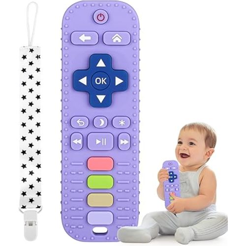 Fu Store Silicone Teething Toys for 0-24 Months Infant Toddlers, Remote Control Shape Teethers for Babies Chew Toys, Relief Soothe Babies Gums Set Dishwasher and Refrigerator Safe Purple