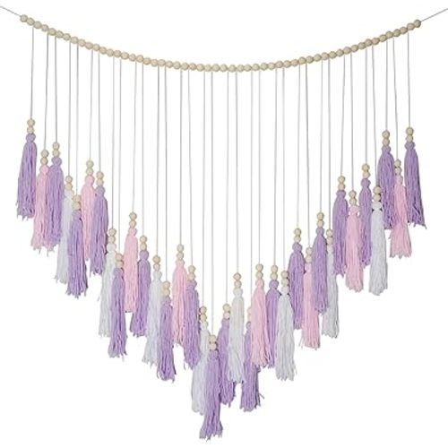 Pink & Purple Macrame Hanging Boho Wall décor, Purple Wall Decor for Bedroom Living Room Girls Room Nursery Large Tassel Hanging with Wood Beads 41" W x 32" H
