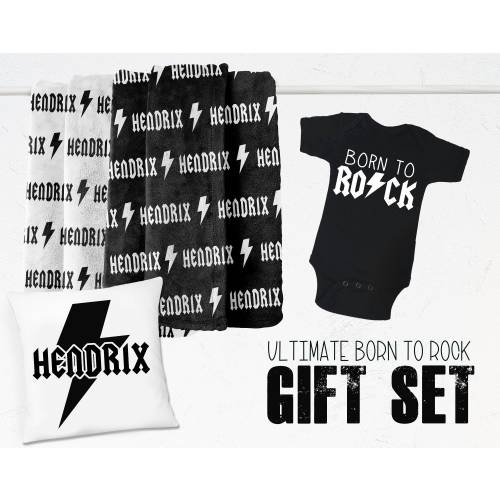 Born to Rock Gift Set, Baby Boy Blanket Pillow Set, Personalized Baby Swaddle, Baby Shower Gift Name Blanket Receiving Blanket Plush Blanket
