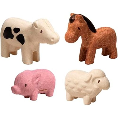 PlanToys Farm Animal Figurines Set - Four Cute Sustainably-Made Wood Pig, Sheep, Cow, and Horse Figures to Stimulate Interactive and Creative Play