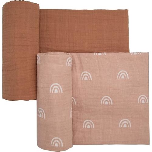 Sticky Toffee Muslin Swaddle Baby Blanket, Blush Pink Rainbows, 47 x 47 in, Soft Breathable Oeko-Tex Cotton Newborn Wrap and Receiving Blanket
