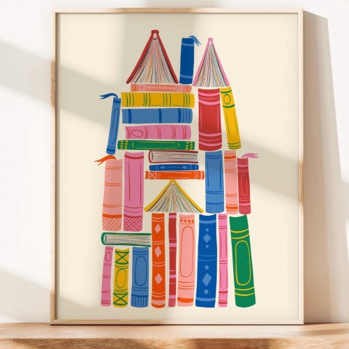 Book Castle, Book Art, Nursery Room Reading Art, Classroom Art, Gift For Reader, Colorful Kids Room, Reading Nook Art