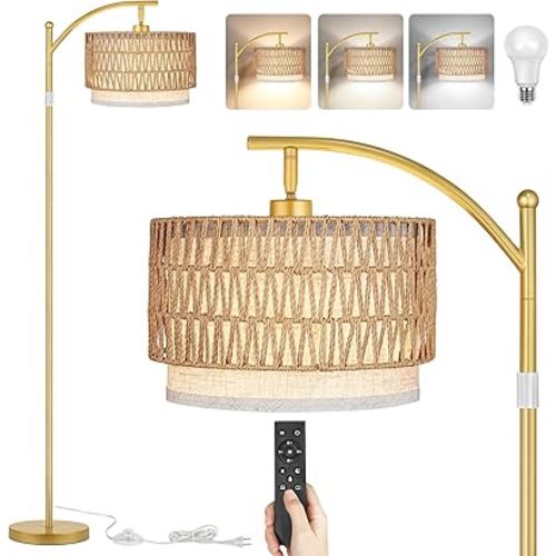 Rattan Floor Lamps for Living Room, Boho Standing Lamps with Rattan& Linen Double Shades, Arc Lamps Floor Standing with 9W Bulb, Foot Switch, Gold Bohemian Floor Lamps for Bedroom, Office-Drum