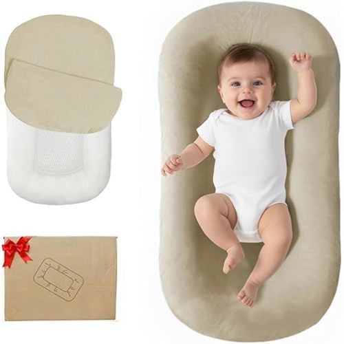 Lucakuins Baby Lounger, Bionic Design Baby Lounger for Newborn 0-24 Months, Soft Organic Cotton Breathable Lounger for Infants (Apricot)