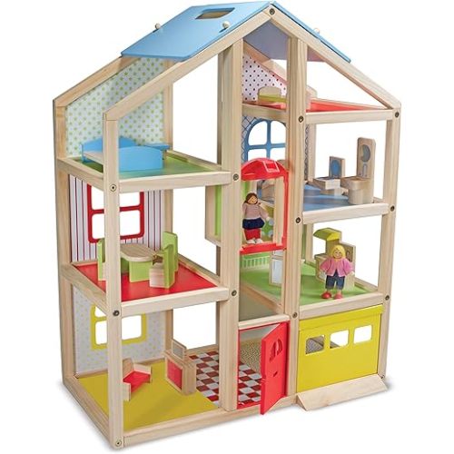 Melissa & Doug Hi-Rise Wooden Dollhouse With 15 pcs Furniture - Garage and Working Elevator