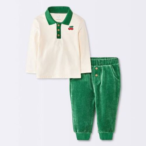 Baby Boys' Christmas Holiday 2pc Long Sleeve Polo Shirt and Knit Corduroy Pants Set - Cloud Island™ Cream