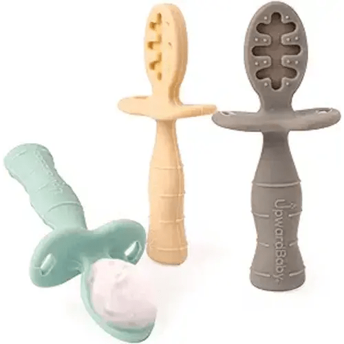 Upward Baby 3 pack Silicone Baby Feeding Spoon with Anti Choke Barrier - Baby Spoons Self Feeding 6 Months - First Stage Infant Supplies and Toddler Utensils - Baby Led Weaning Soft-Tip Training Spoon