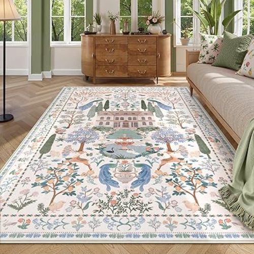 LIVEBOX Living Room Rug 5x7 Rug, Machine Washable Area Rugs for Bedroom, Non-Slip Low Pile Carpet Floral Rugs for Living Room, Dining Room, Farmhouse, Nursery Room, Playroom, Beige