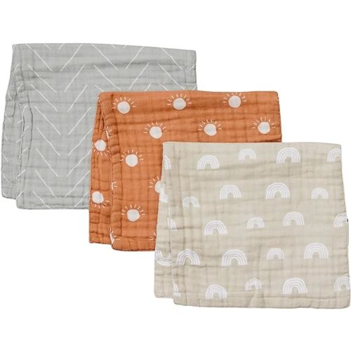Mebie Baby Burp Cloths, Neutral Print 3-Pack, Muslin Burp Cloth Set for Spit Up, Drool, and More, Boho Burp Cloths for Baby Boy and Girl, Baby Must Haves for Registry Lists and Gifts for Newborns