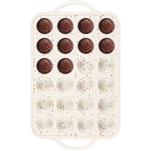 Muffin Pan With Metal Reinforced Frame - 24 Cups Durable Silicone Muffin Pan for Muffins, Cupcakes, BPA Free and Dishwasher Safe - 1 Piece Beige with Rainbow Spots
